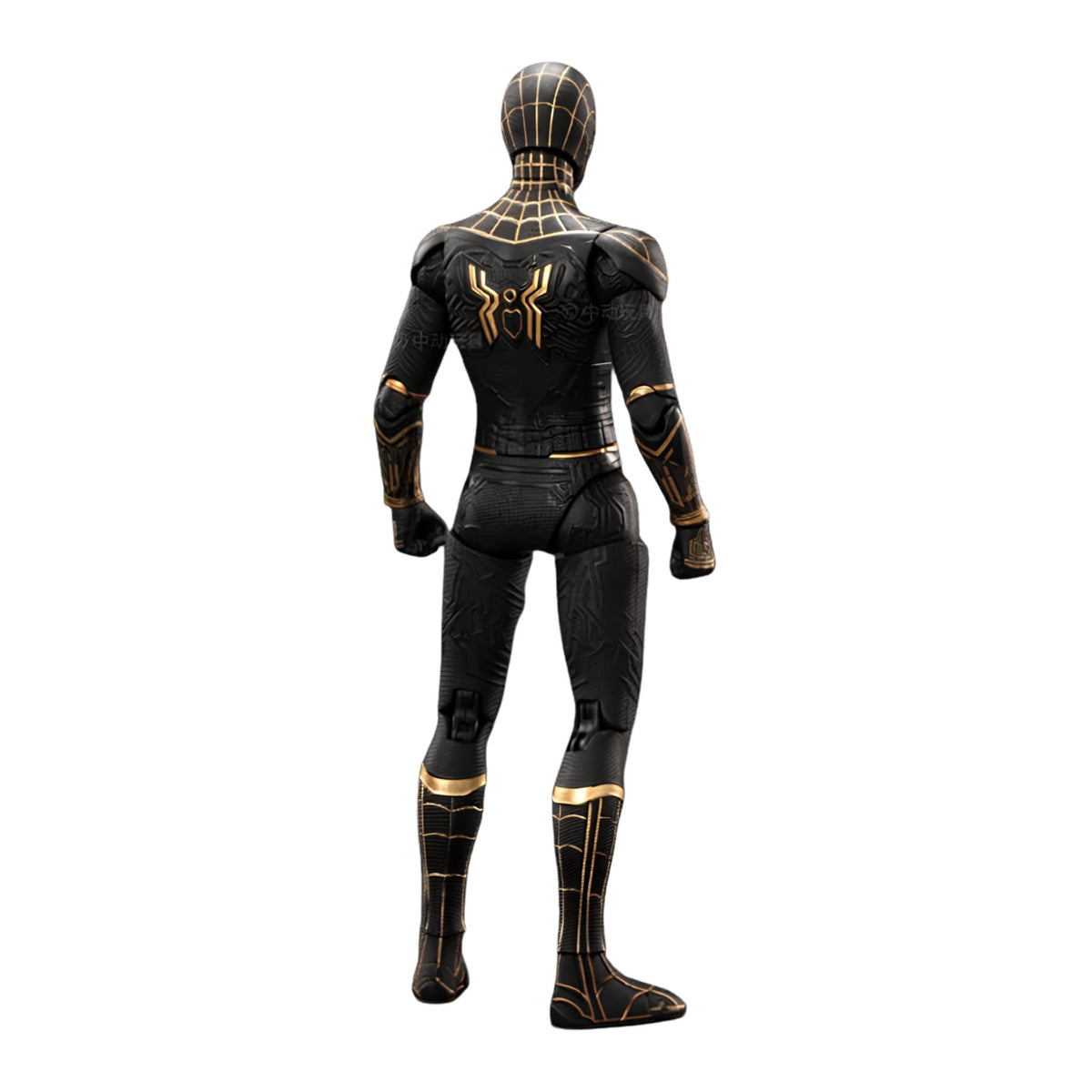 1:10 scale Spider-Man Black and Gold figure beside collector packaging