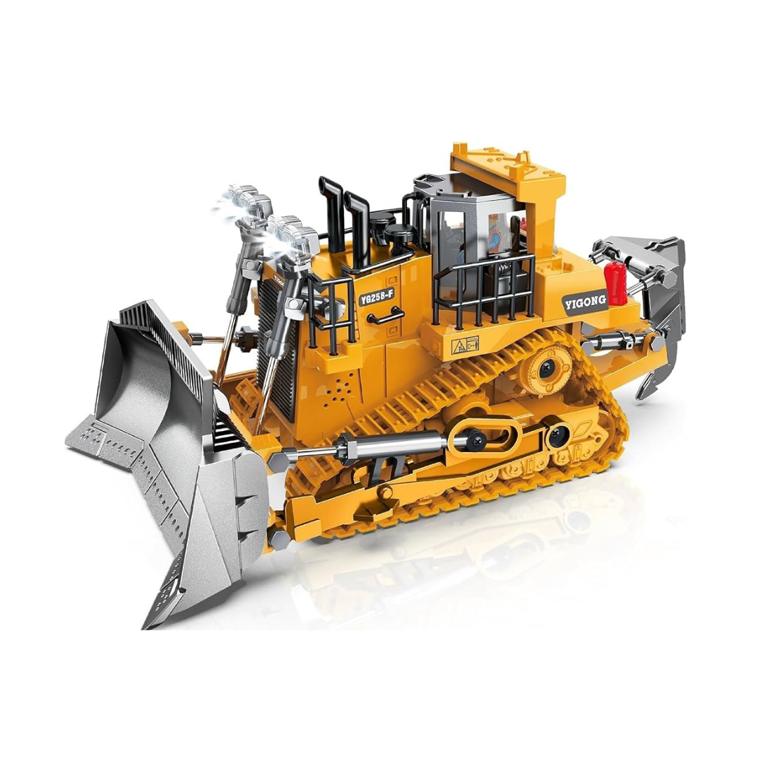 A yellow and gray toy bulldozer construction vehicle with black tracks and cab details, shown on a clean white background with a subtle reflection.