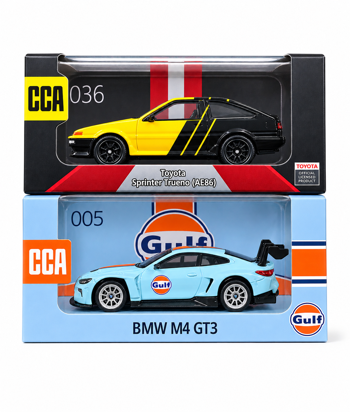 CCA Cool Chic Auto | BMW M4 GT3 Gulf & Toyota AE86 Yellow Black | Set of 2 | 1:64 Scale | Diecast Cars | Acrylic Display Case (Rs375Per Piece) 002