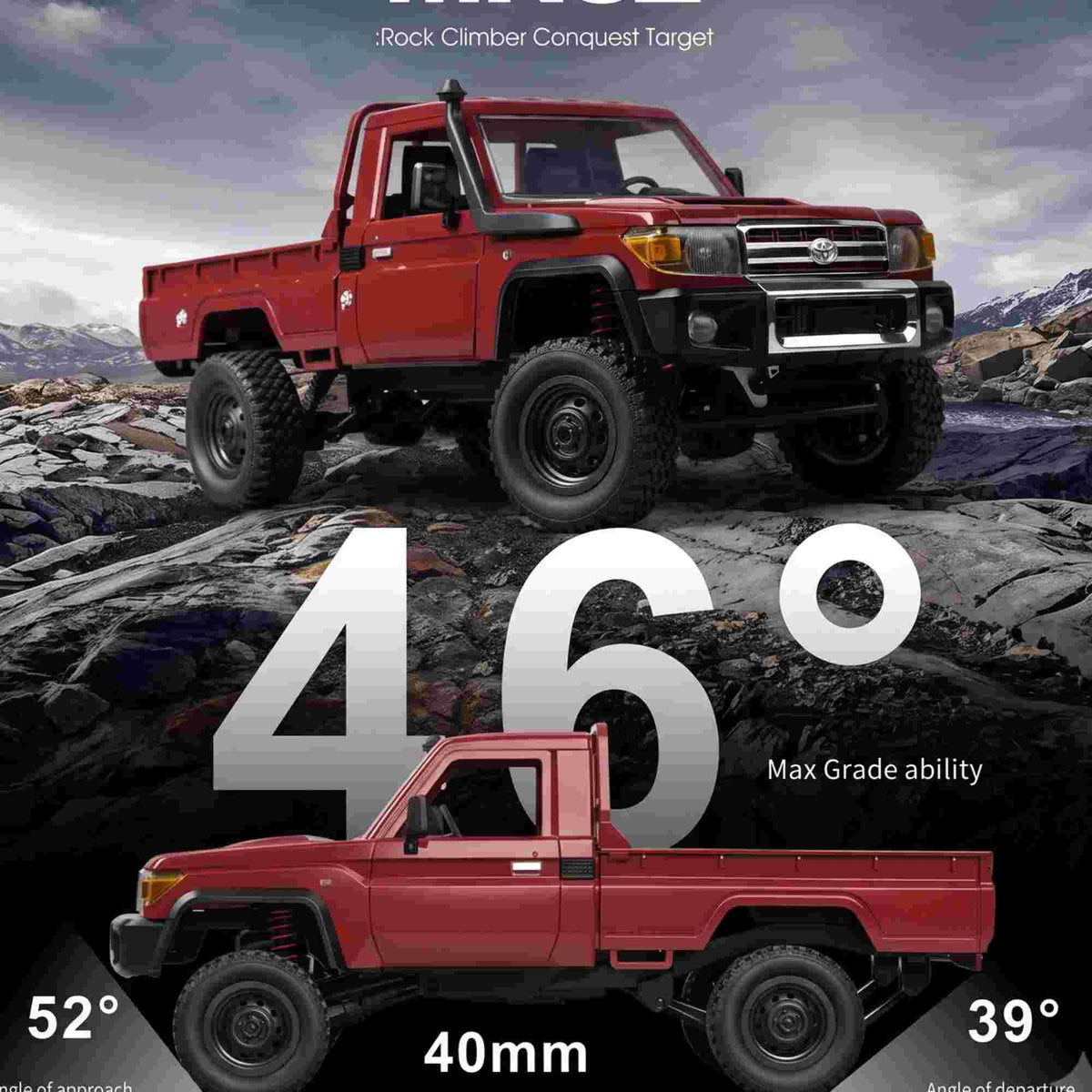 MN Model MN82 4WD RTR trail crawler with functional LED lights and rubber tires