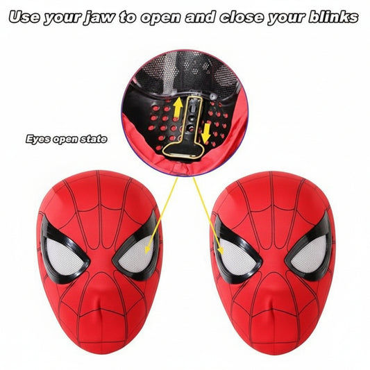 Red Spider-Man style mask shown from the front, with an inset showing the inner jaw mechanism and text explaining how the jaw opens and closes the eyes and mouth.