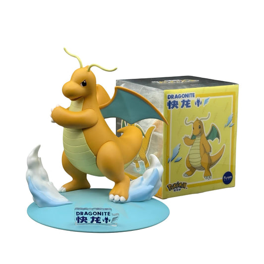 Front view of the Funism PF2055 Pokemon Dragonite mini figure standing next to its retail box