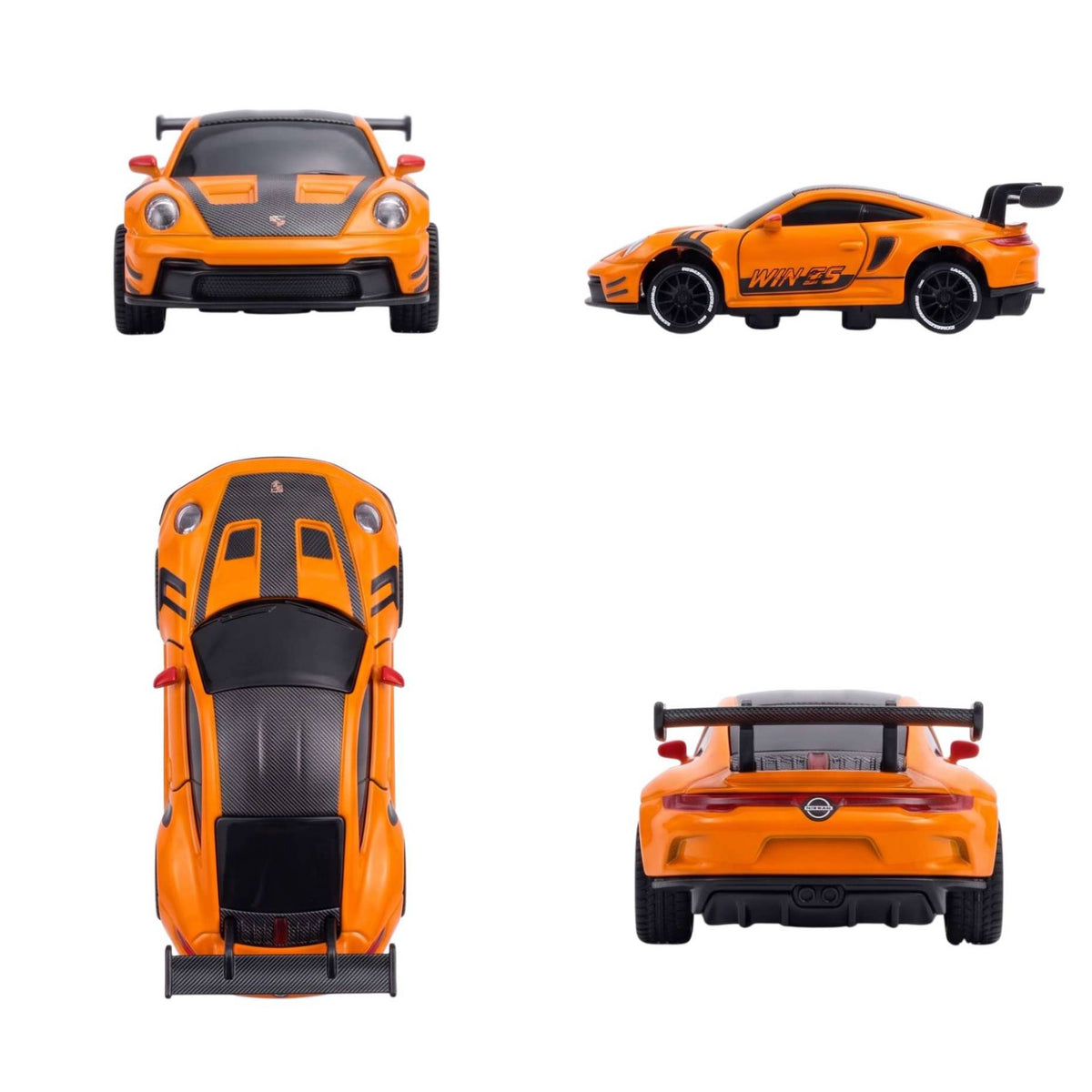 Four angle views showing the front, top, side, and rear of the orange Porsche 911 RC car