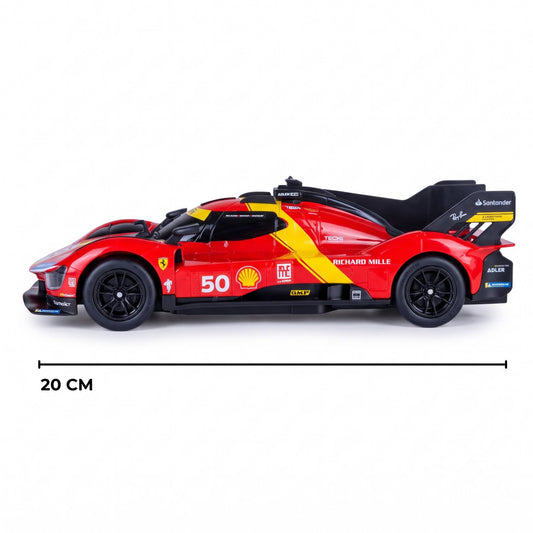Side profile of the 20cm RASTAR Ferrari 499P Hypercar model car ready for retail store stock