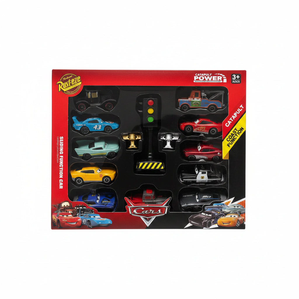 10PCS Catapult Power Sliding Function Car Set | Mixed Design Racing Cars with Ejection Launcher | Kids Toy Set