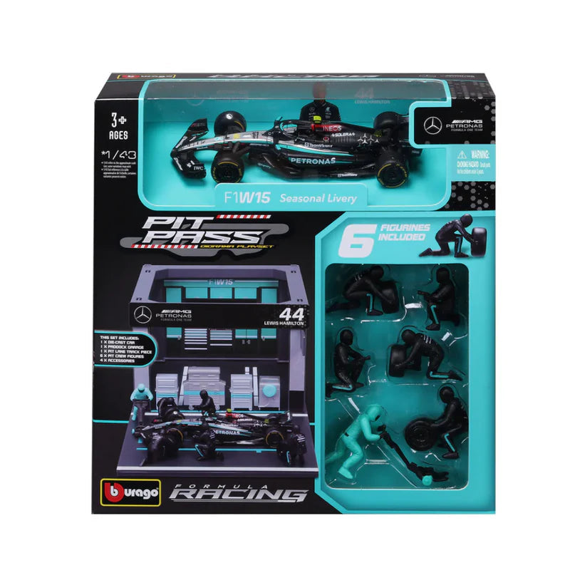 Burago Mercedes-AMG Petronas F1 Pit Pass Diorama | Lewis Hamilton #44 Collectible