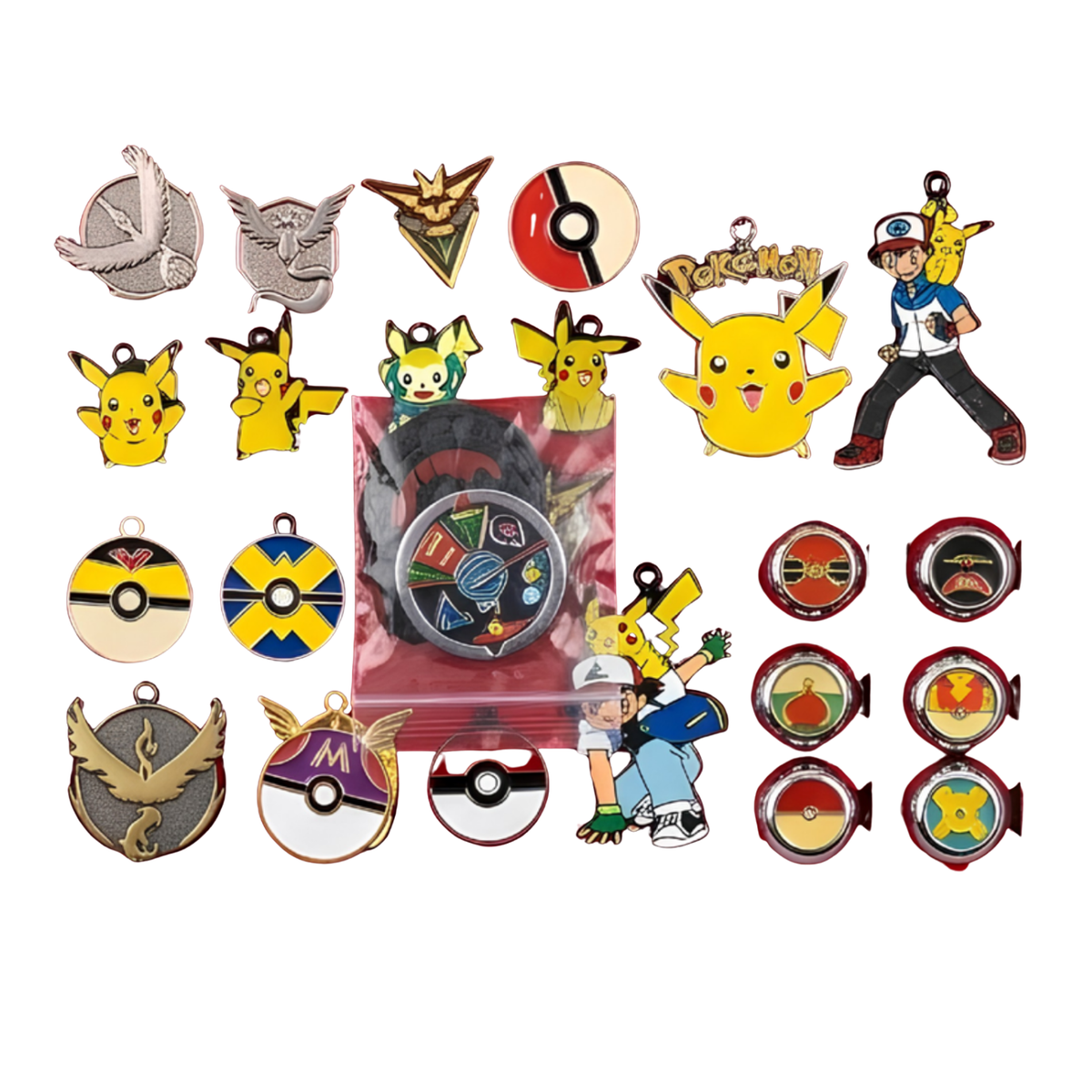 A collection of various Pokémon-themed enamel pins, badges, and character charms arranged on a plain white background, including Pikachu, Ash Ketchum, Eevee, and team badges.