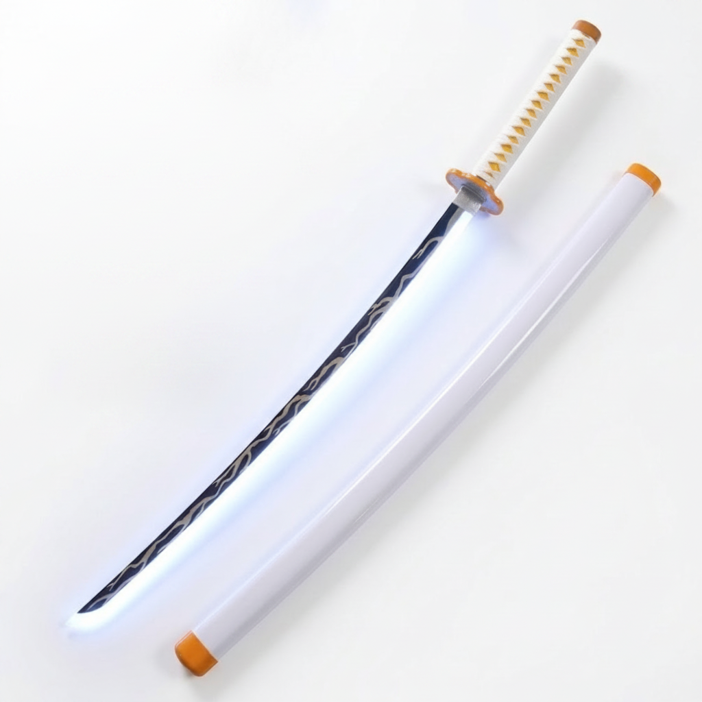 A katana-style sword with a patterned dark blade, white wrapped handle, and orange accents, shown alongside a matching white sheath on a plain white background.