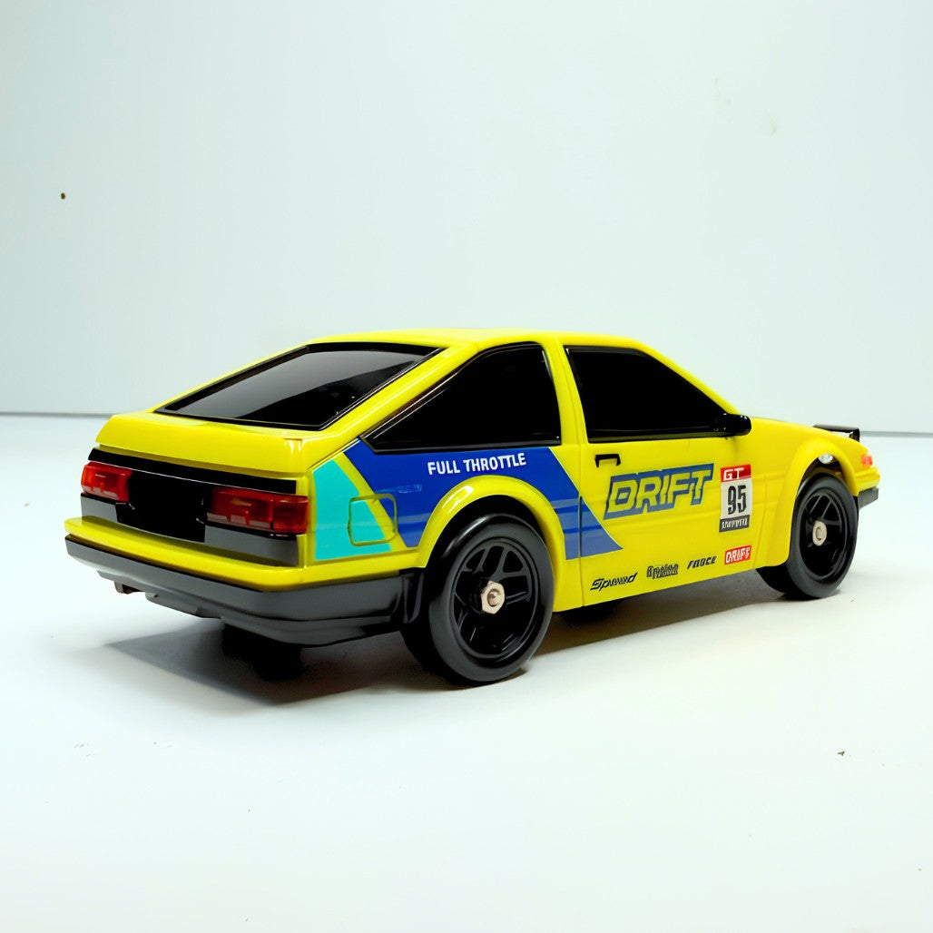 Action stance of the yellow HB Toys HB-BP4310-2 Toyota AE86 Trueno drift car supplied for pan India wholesale distribution