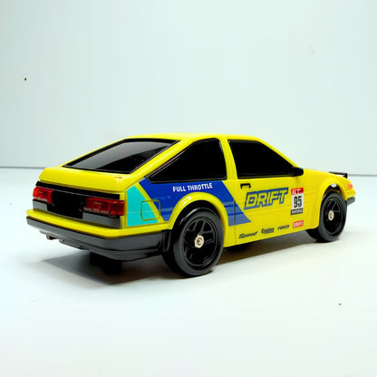 Action stance of the yellow HB Toys HB-BP4310-2 Toyota AE86 Trueno drift car supplied for pan India wholesale distribution