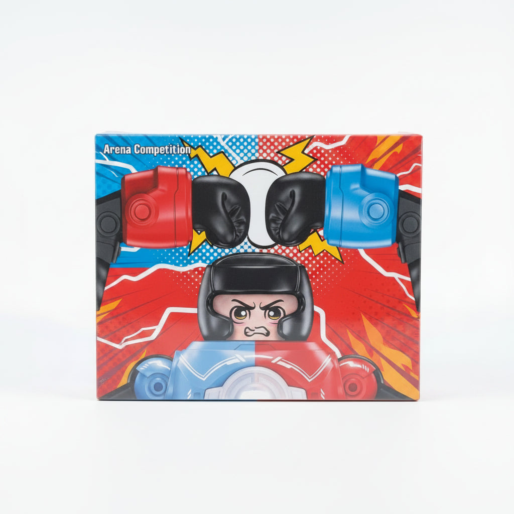 Box of Arena Competitions boxing gloves with colorful design on a white background