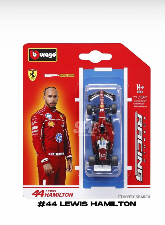 Model car packaging featuring Lewis Hamilton with Bburago branding