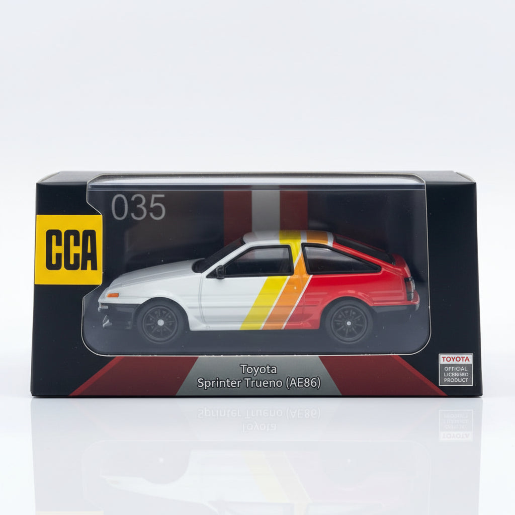 CCA | Toyota AE86 | White | Red-Orange-Yellow Stripe | 1:64 Scale | Diecast Car | Acrylic Display Case