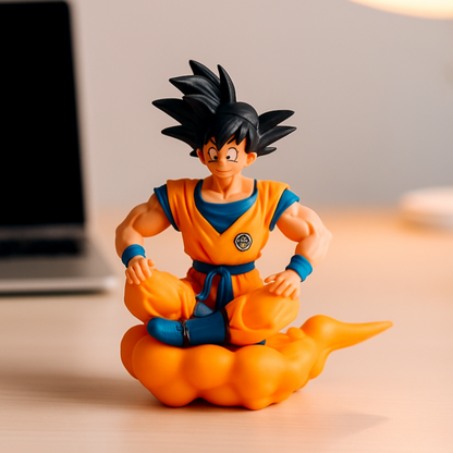 Action figure sitting on a cloud with a laptop in the background