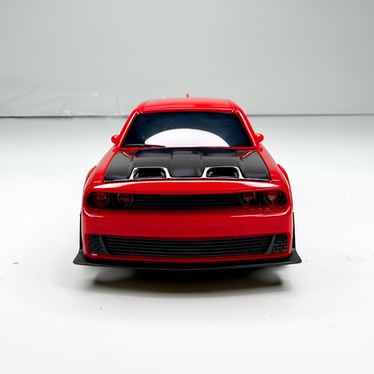 Close up view of the front LED headlights and red body shell for distributor wholesale pricing