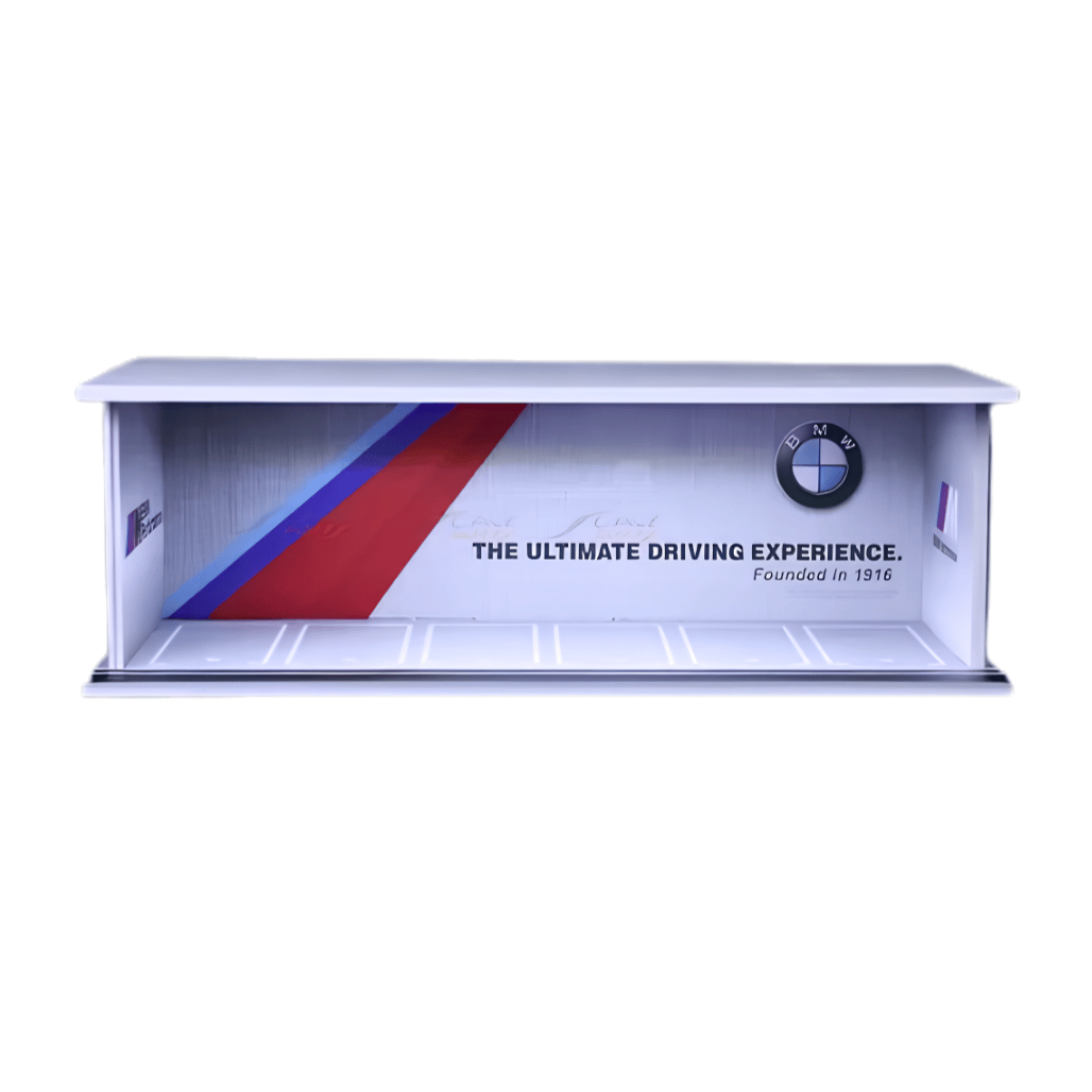 Front perspective view of the MoreArt MC914915 BMW M parking lot diorama for wholesale store inventory