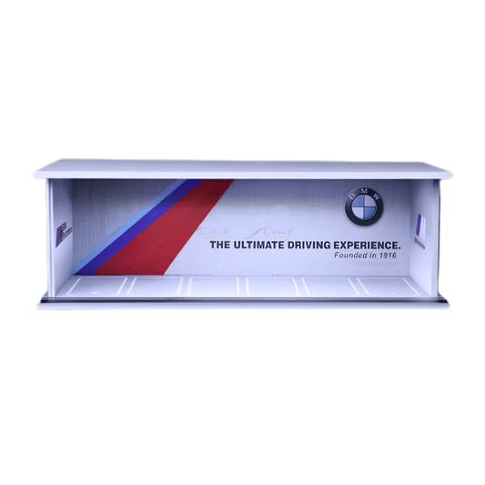 Front perspective view of the MoreArt MC914915 BMW M parking lot diorama for wholesale store inventory