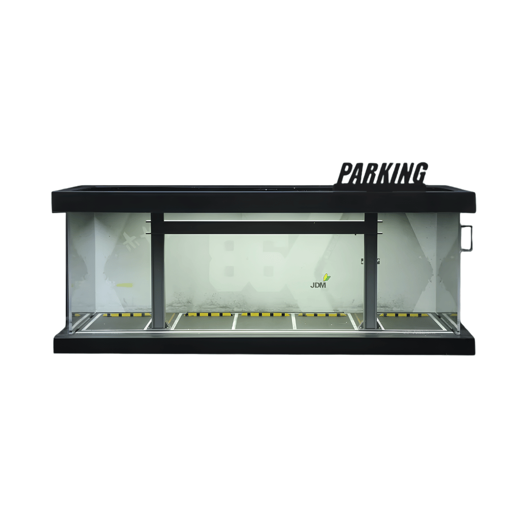 Front perspective view of the MoreArt MO960118 four themed parking lot diorama for wholesale store inventory restocking