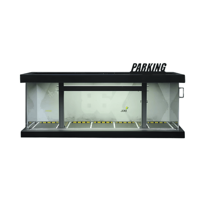Front perspective view of the MoreArt MO960118 four themed parking lot diorama for wholesale store inventory restocking