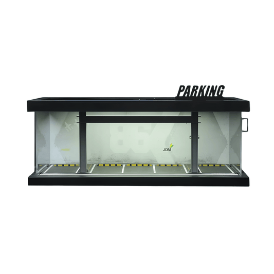 Front perspective view of the MoreArt MO960118 four themed parking lot diorama for wholesale store inventory restocking