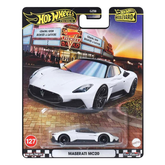 Front view of the Hot Wheels Maserati MC20 Boulevard diecast car for wholesale store inventory restocking