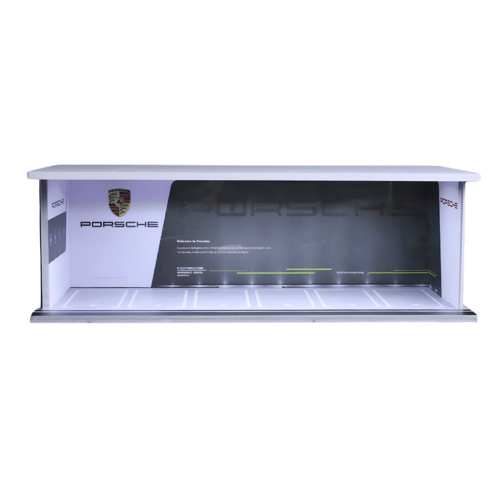 Front view of the MoreArt MC914925 Porsche showroom parking lot diorama structure for wholesale store inventory