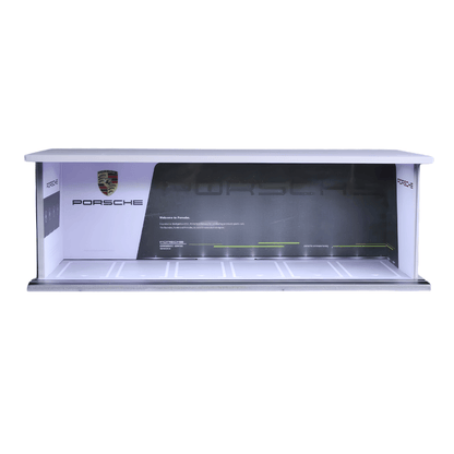 Front view of the MoreArt MC914925 Porsche showroom parking lot diorama structure for wholesale store inventory