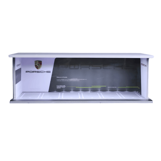 Front view of the MoreArt MC914925 Porsche showroom parking lot diorama structure for wholesale store inventory