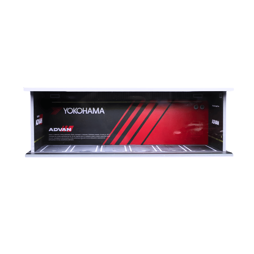 Front view of the MoreArt MC914928 ADVAN 1:64 scale lighted parking lot diorama for wholesale store inventory