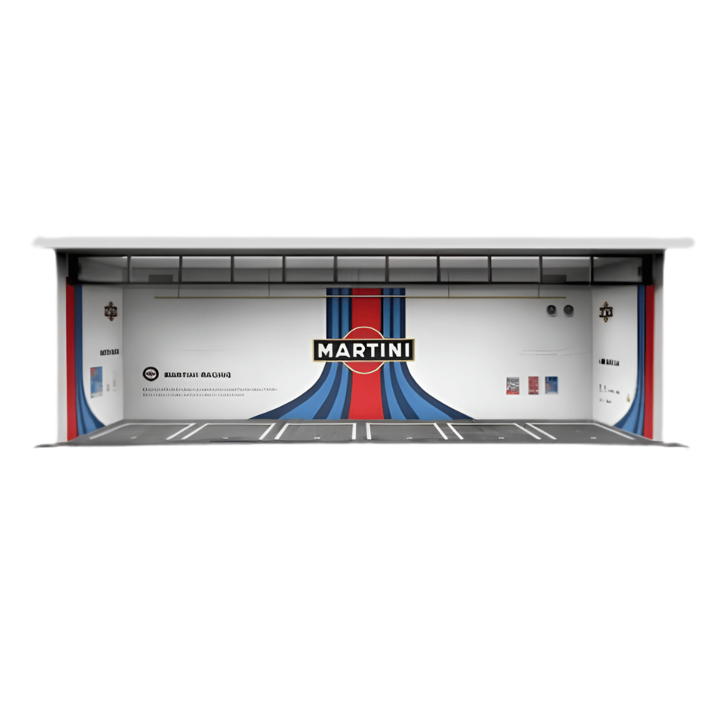 Front view of the MoreArt MO914013 Martini garage diorama for wholesale store inventory restocking