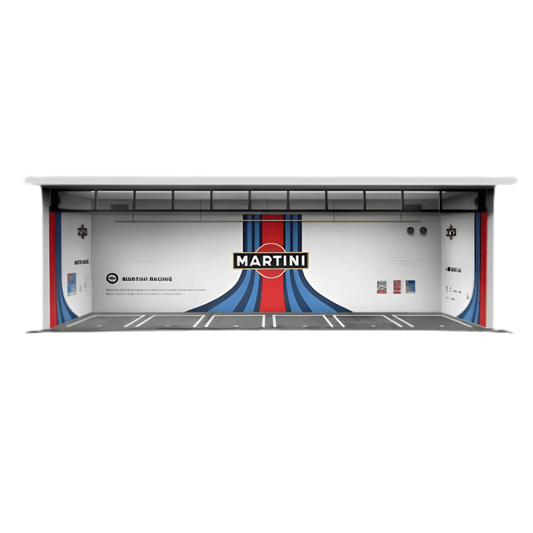 Front view of the MoreArt MO914013 Martini garage diorama for wholesale store inventory restocking