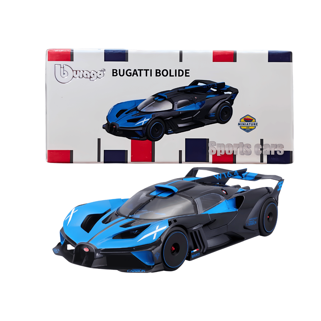 Front view of the blue Bburago Bugatti Bolide 1:64 scale diecast car for wholesale store inventory