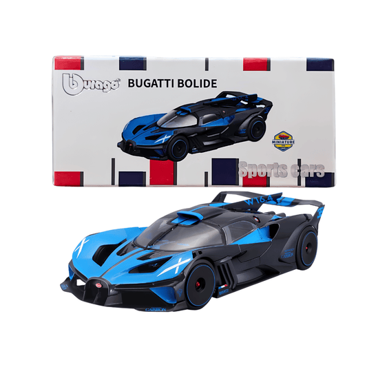 Front view of the blue Bburago Bugatti Bolide 1:64 scale diecast car for wholesale store inventory