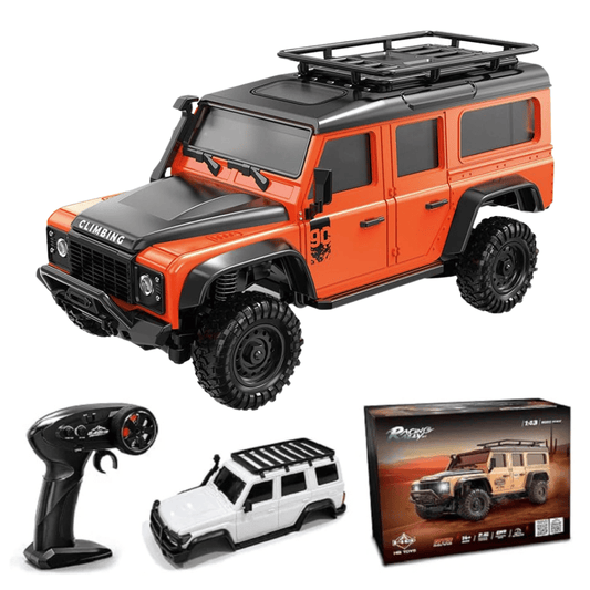 Front view of the orange HB Toys R4305 Land Rover Defender 90s scale model for wholesale store inventory