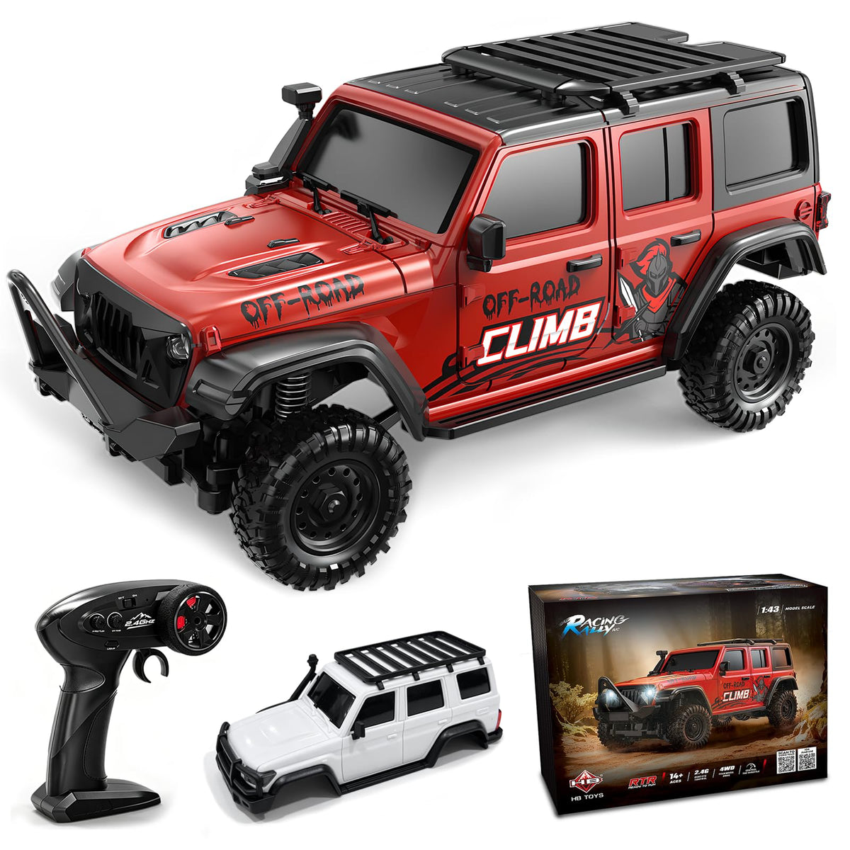 Front view of the red HB Toys R4307 1:43 scale 4WD mini RC crawler showing LED headlights for wholesale inventory
