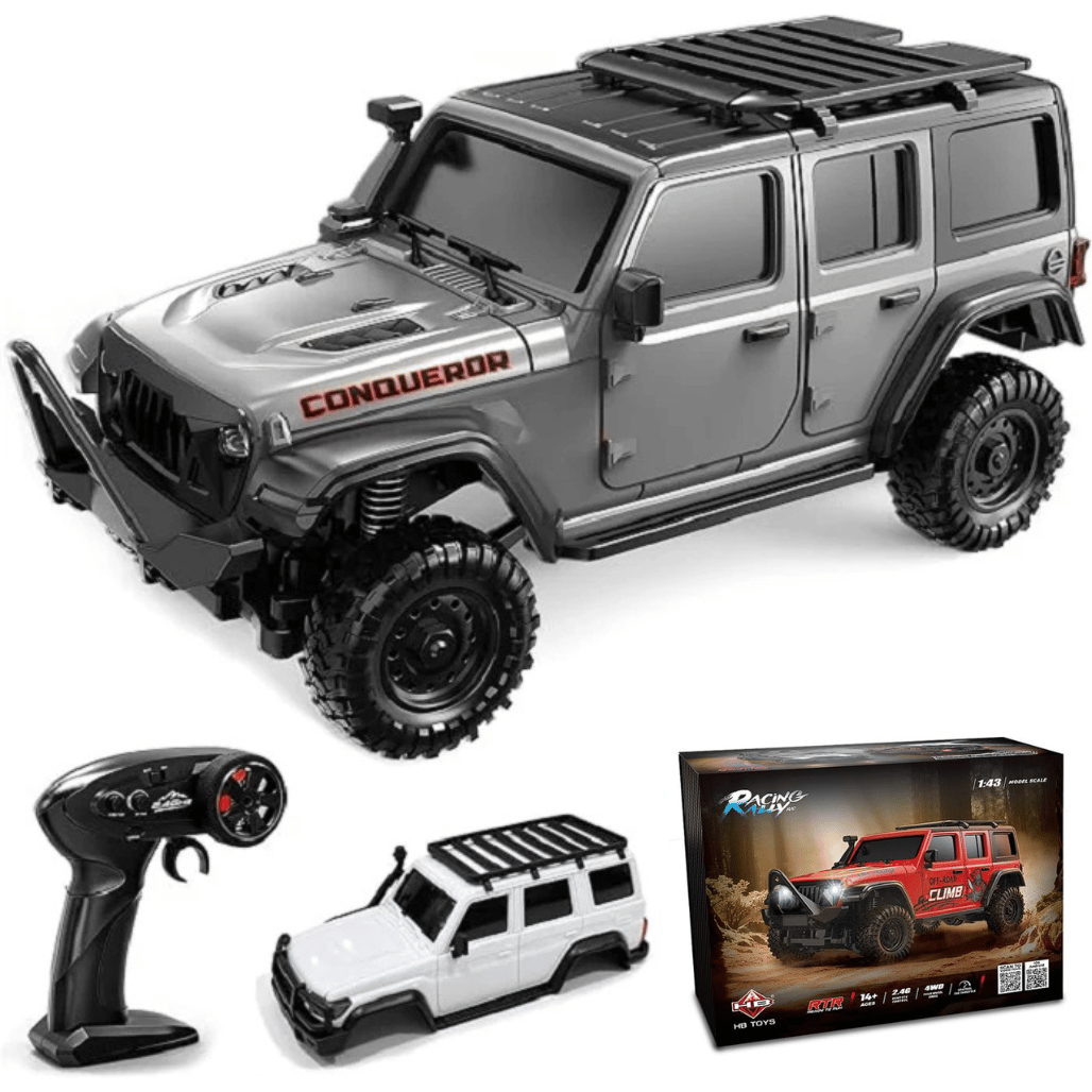 Front view of the silver HB Toys R4308 1:43 scale 4WD mini RC crawler showing LED headlights for wholesale inventory