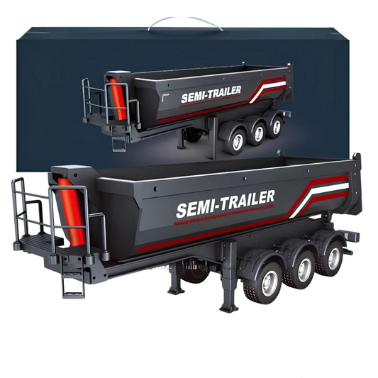 Front perspective view of the black Huina 1509 alloy semi-trailer dump truckbed for wholesale store inventory