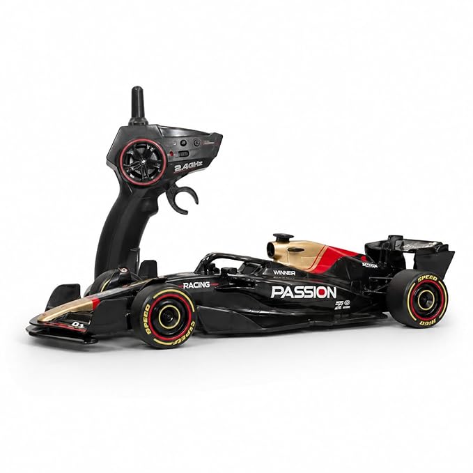 Jimyog 1:10 F1 Ferrari RC Car with realistic Formula 1 styling, simulation engine sounds, and a 2.4GHz remote controller for smooth racing performance. 