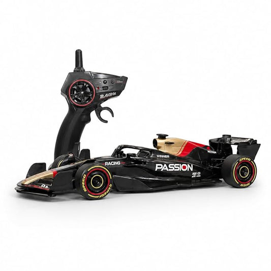 Jimyog 1:10 F1 Ferrari RC Car with realistic Formula 1 styling, simulation engine sounds, and a 2.4GHz remote controller for smooth racing performance. 