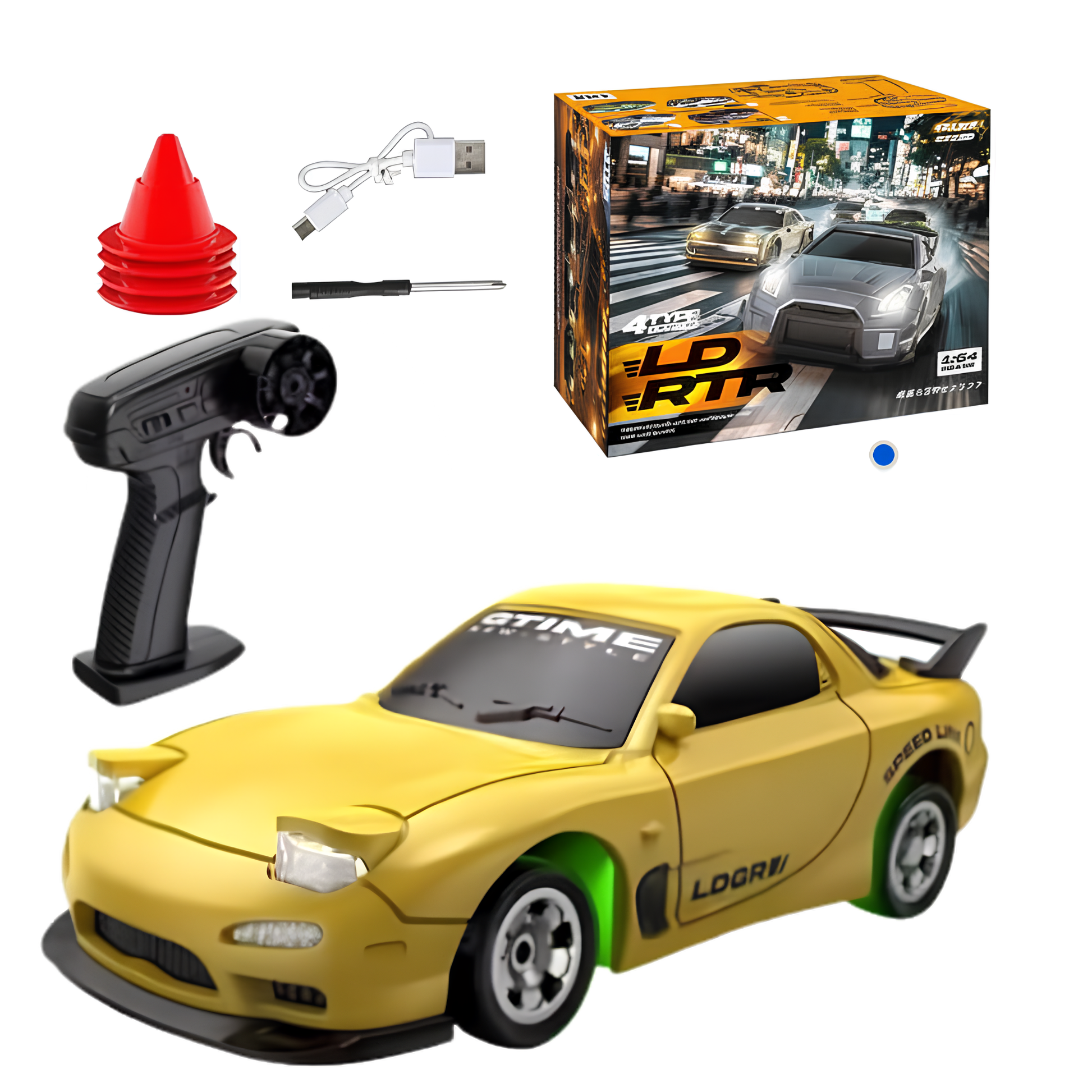 LD RTR 3601 | Yellow | 1:43 Scale Mini RC Drift Car | 2.4GHz | 4WD | LED Lights | RTR