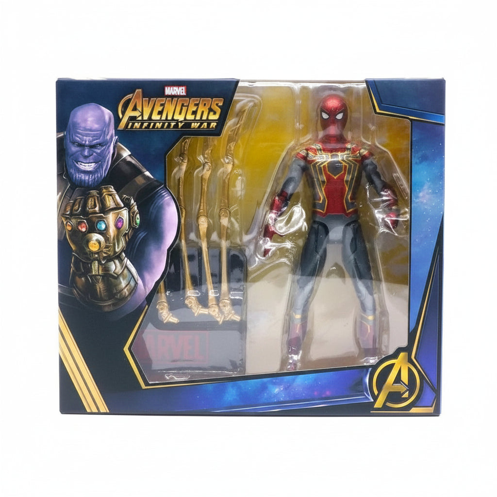 Marvel Avengers: Infinity War Spider-Man action figure in its original window box packaging, featuring the red and gold Spider-Man suit, alternate weapons, and Thanos artwork on the box.