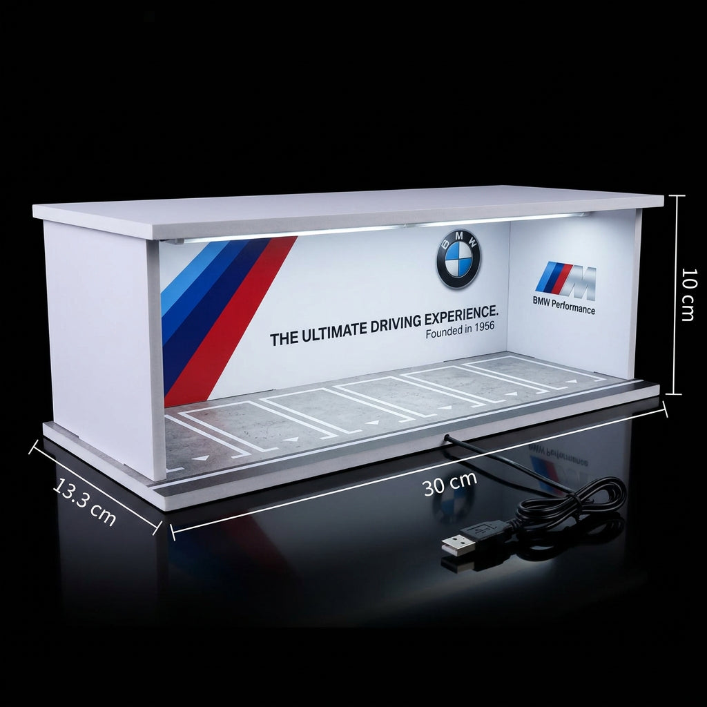 Overhead view of the BMW M tri-color stripe graphics on the diorama available for bulk orders across India