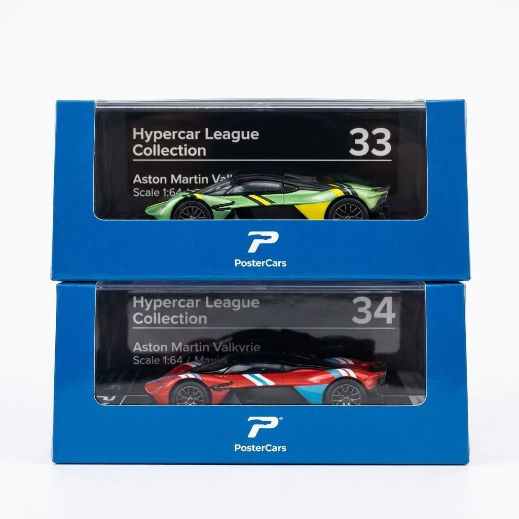 PosterCars 2-piece Aston Martin Valkyrie red and green 1:64 diecast car set