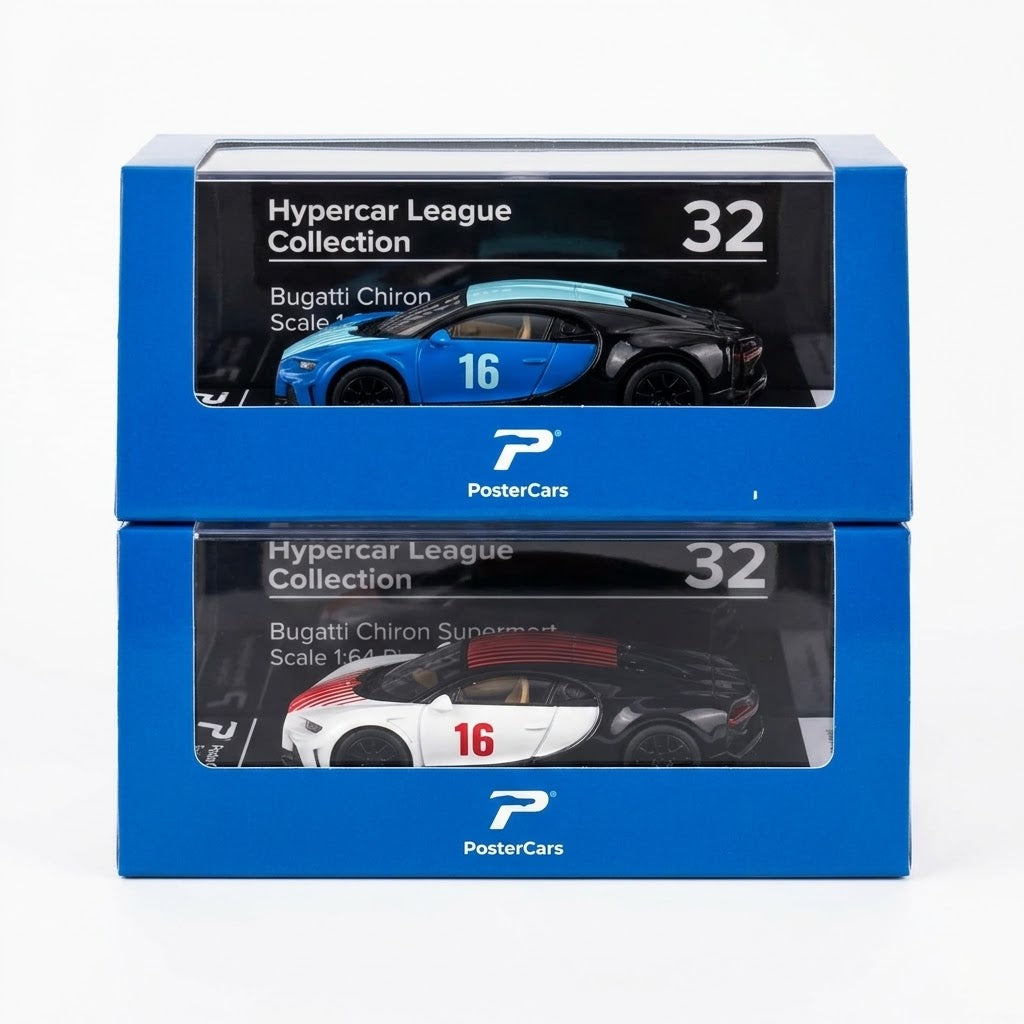 PosterCars 2-piece Bugatti Chiron Super Sport blue and white 1:64 diecast car set
