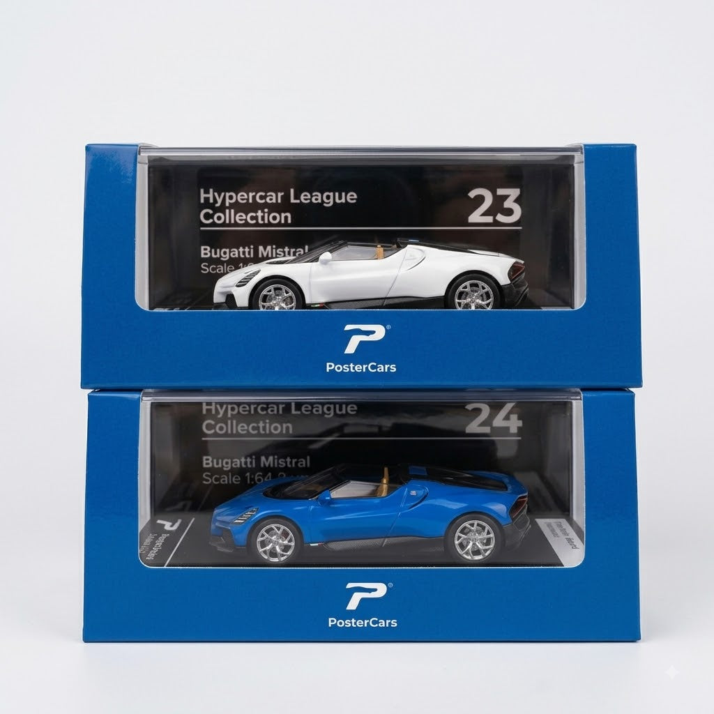 PosterCars 2-piece Bugatti Mistral white and blue 1:64 diecast car set