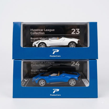 PosterCars 2-piece Bugatti Mistral white and blue 1:64 diecast car set