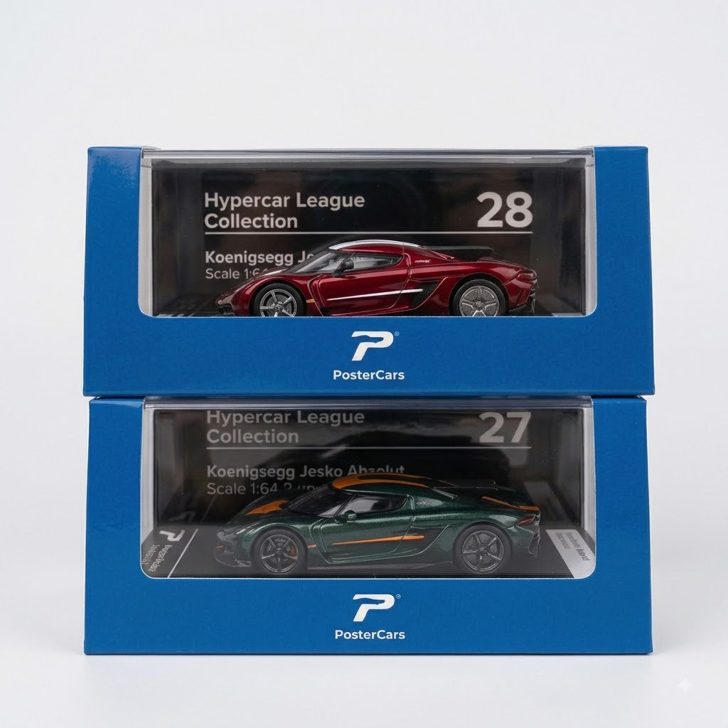 PosterCars 2-piece Koenigsegg Jesko Absolut red and dark green 1:64 diecast car set