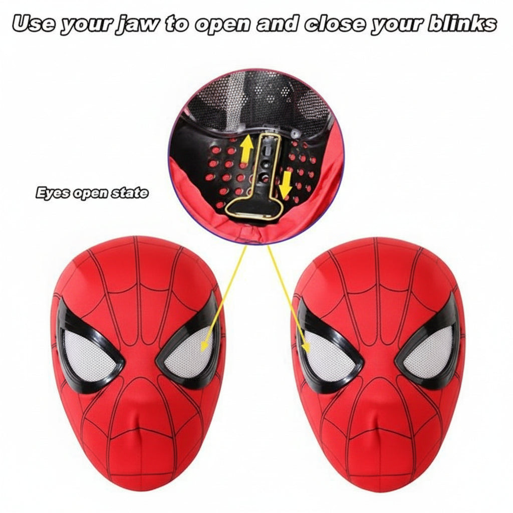 Red Spider-Man style mask shown from the front, with an inset showing the inner jaw mechanism and text explaining how the jaw opens and closes the eyes and mouth.