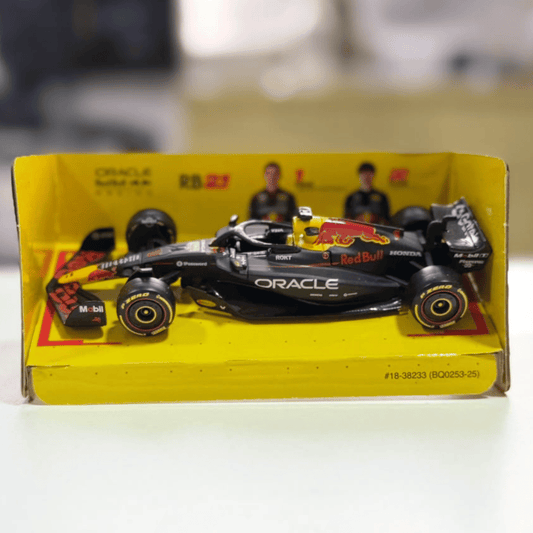 Side profile of the 13.1cm Bburago RB21 Red Bull car showing race number 1 ready for retail stock wholesale