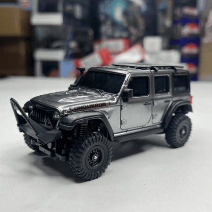 Side profile view of the 12cm silver HB Toys R4308 Jeep Wrangler crawler model ready for retail stock wholesale orders